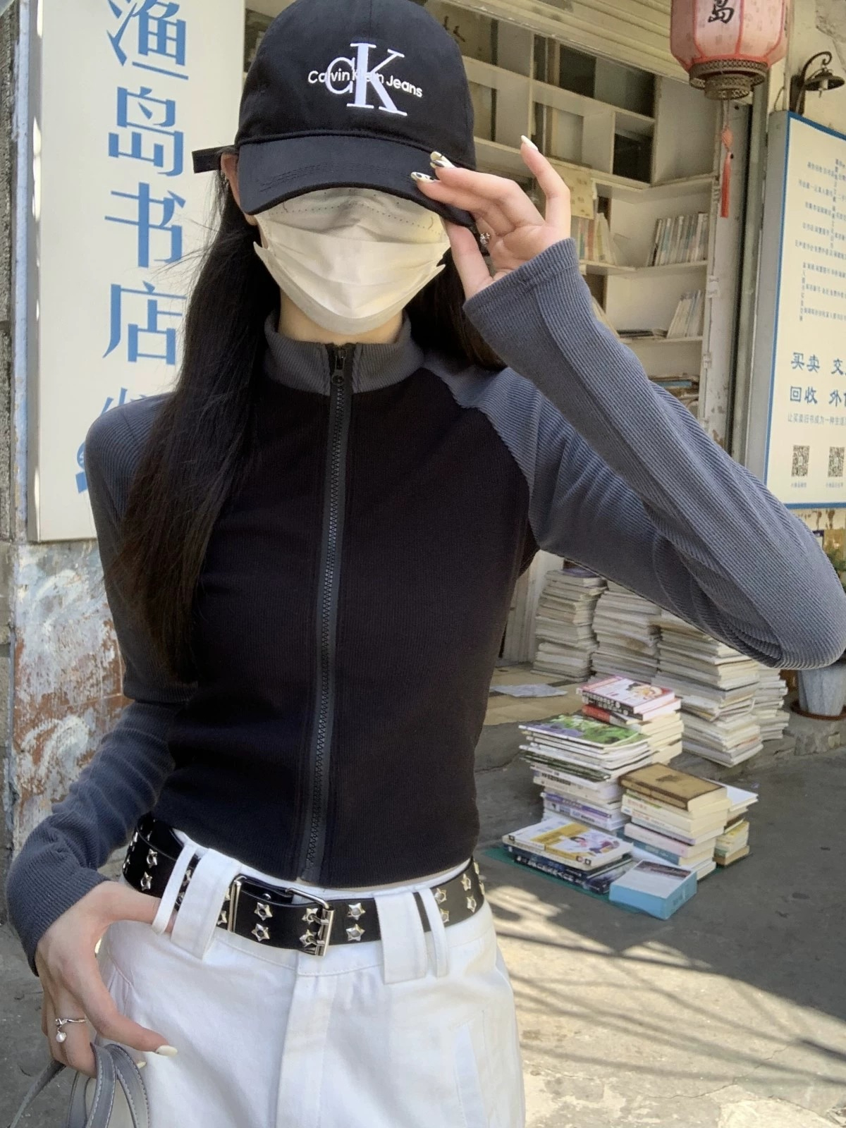 Official photo Stand-up collar contrasting color splicing long-sleeved T-shirt women's spring and autumn temperament slimming short raglan sleeve top cardigan
