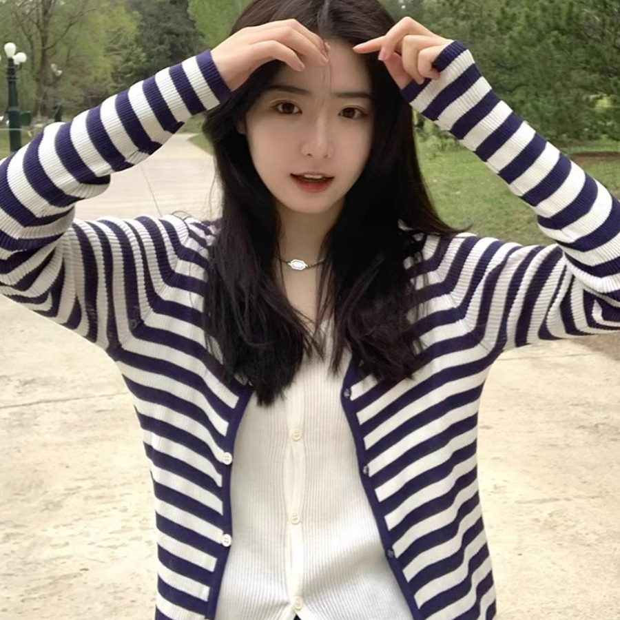 2024 new striped knitted cardigan women's spring outer thin long-sleeved fake two-piece top jacket trendy