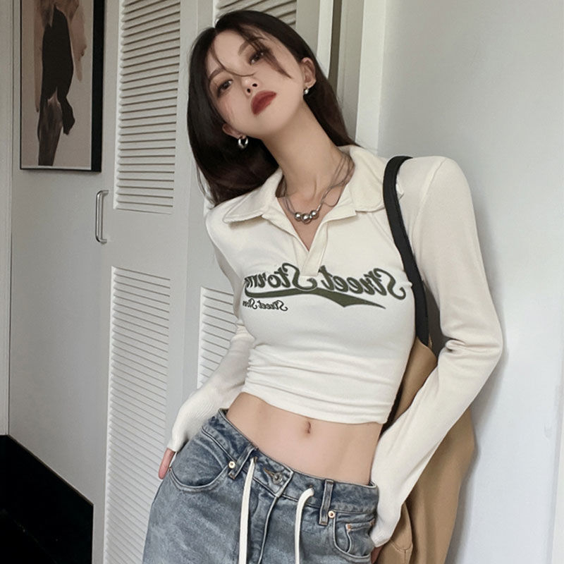 Ice silk thread lapel retro letter print long-sleeved short T-shirt for women