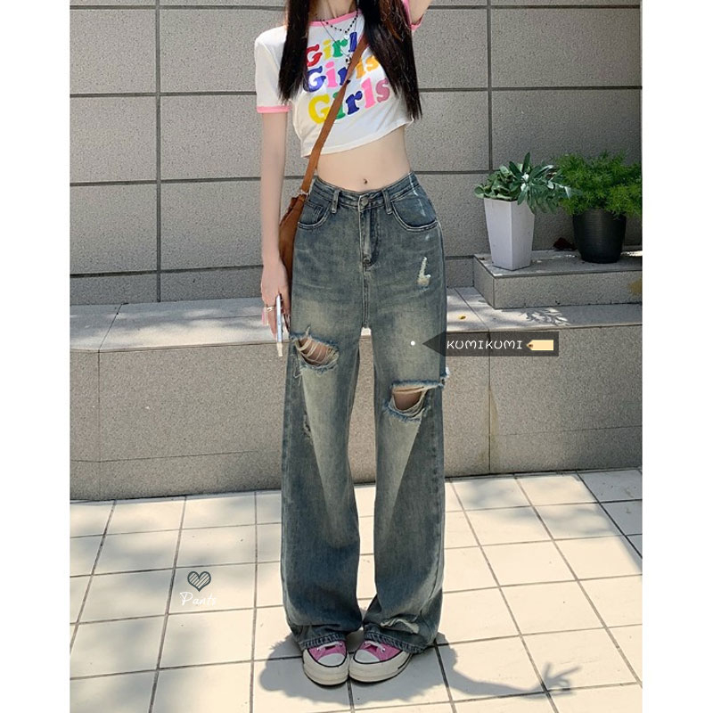 美式新款復古破洞長褲寬鬆牛仔褲女春秋款闊腿褲拖地褲高腰褲子潮