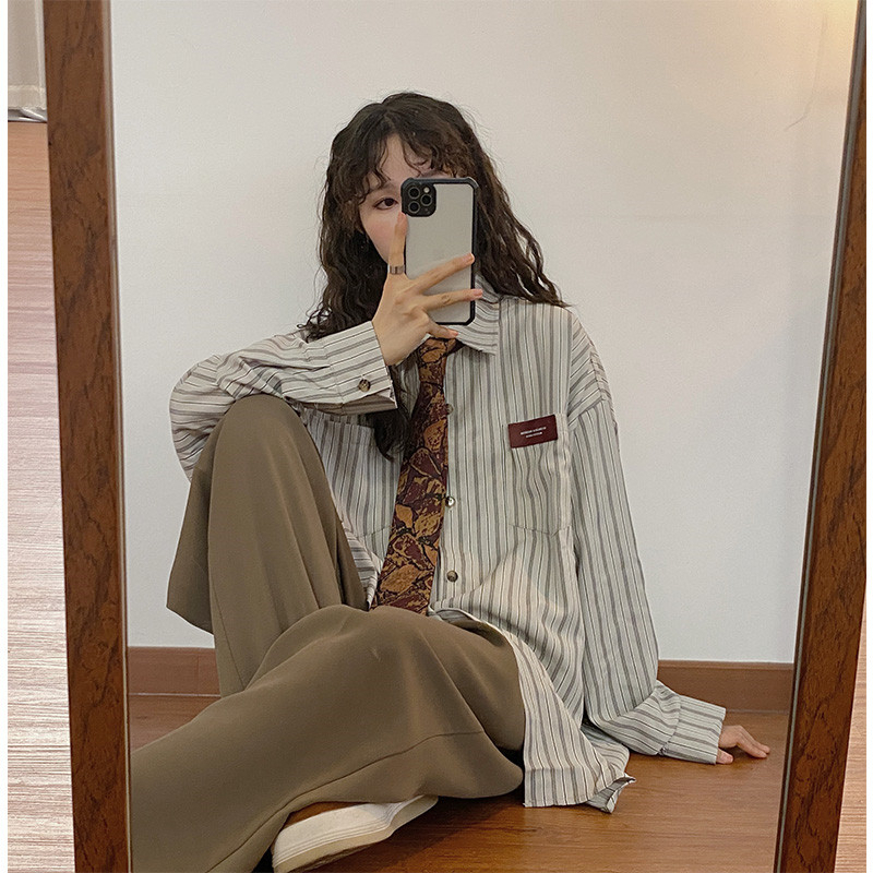 Spring and Autumn New American Retro Japanese Vertical Striped Long Sleeve Shirt Women's Hong Kong Style Shirt Top Trendy
