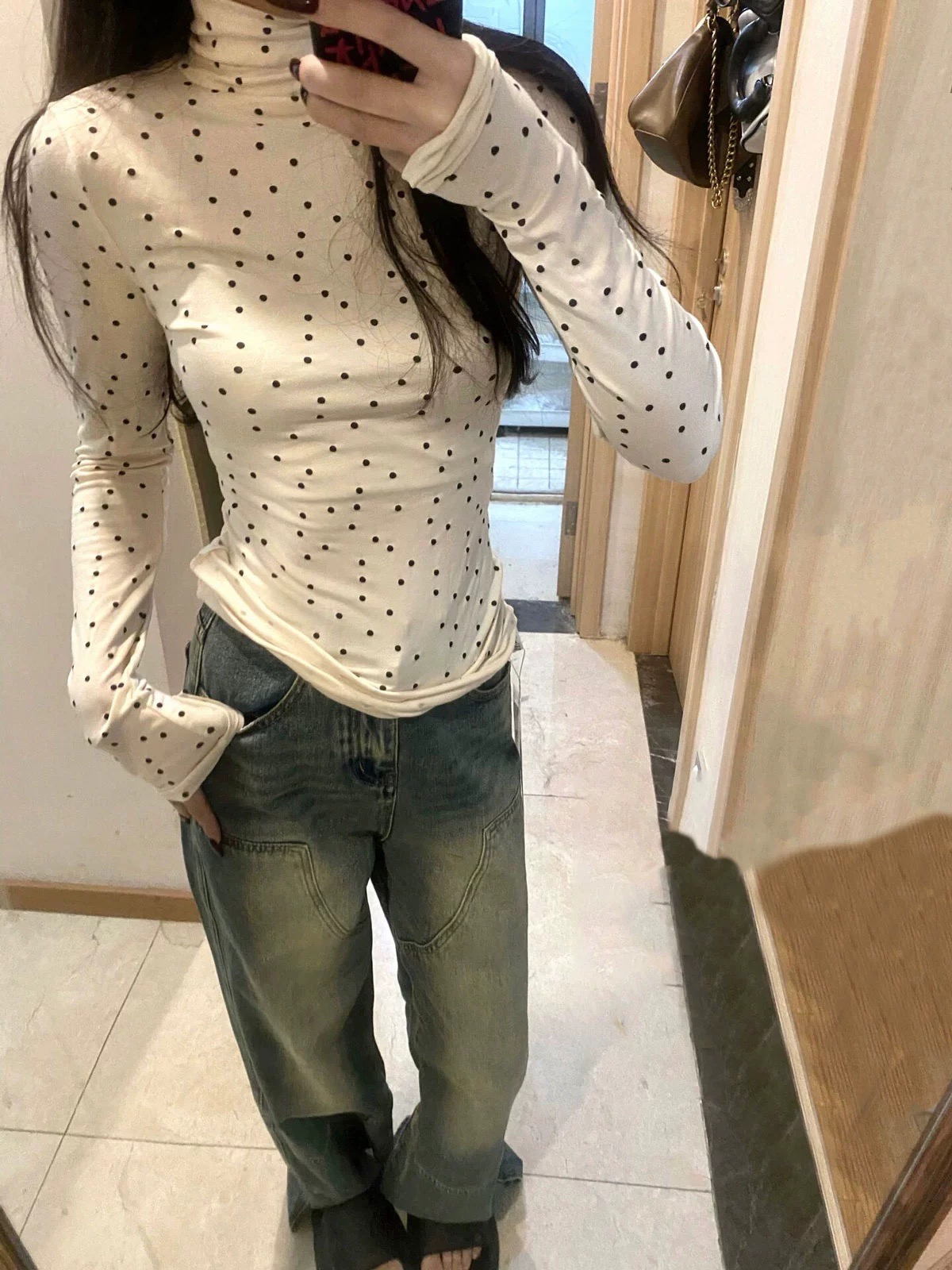 Polka-dot turtleneck bottoming shirt for women new autumn and winter pure desire inner wear slim fit long-sleeved T-shirt hot girl top