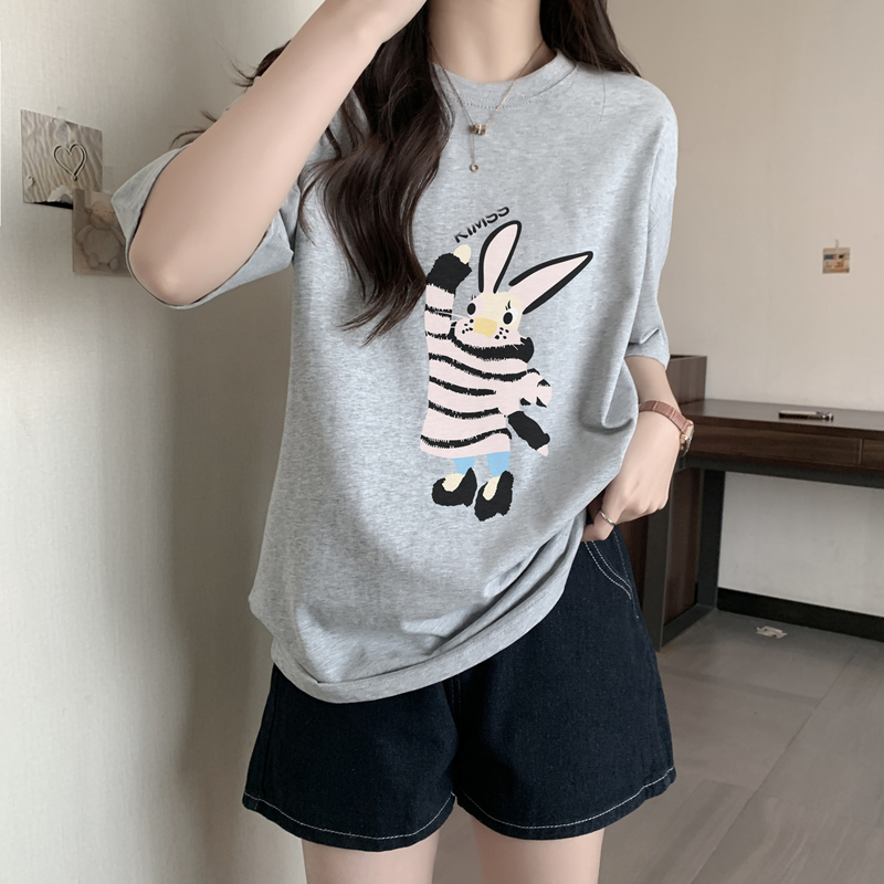 實拍 2024年春夏新款 100%棉精梳純棉 印花夏裝短袖T恤女寬鬆韓版