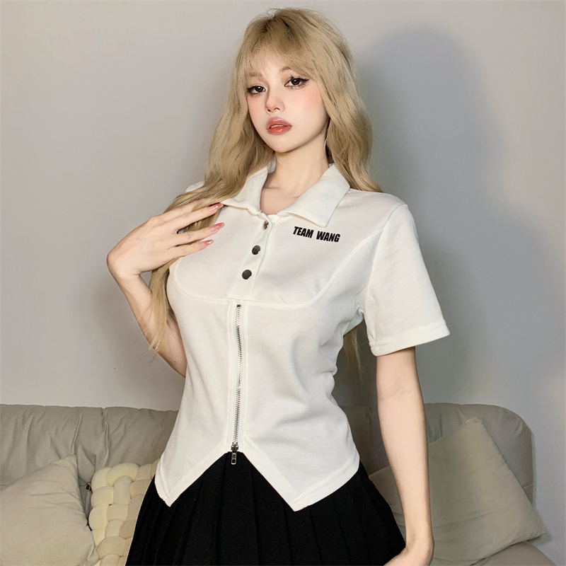 Real shot of large size women's short-sleeved T-shirt women's design polo collar irregular sweet zipper slimming top