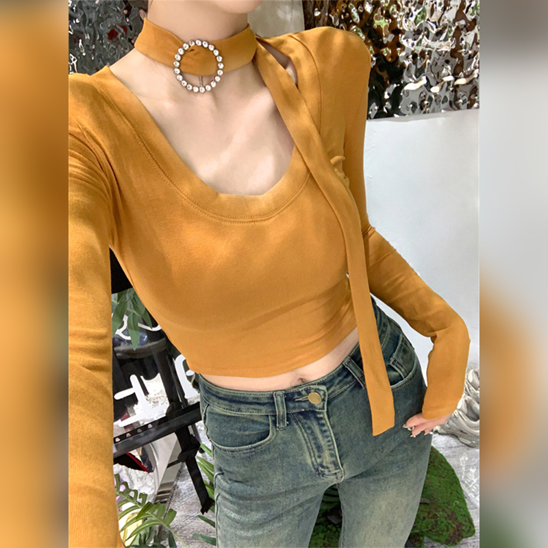 3 marks, needlework, hot girl solid color careful machine short T-shirt top