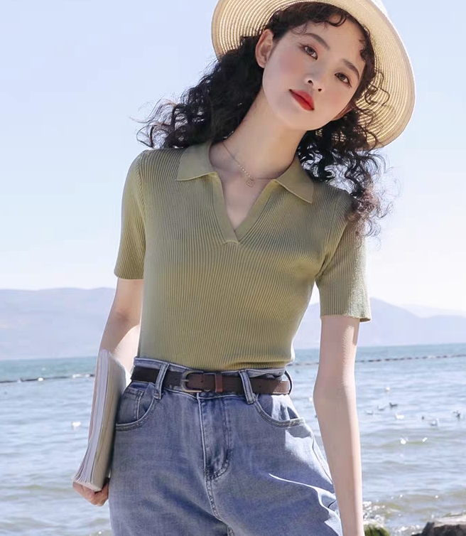 polo collar thin short-sleeved sweater women's summer new design niche v-neck top right shoulder t-shirt