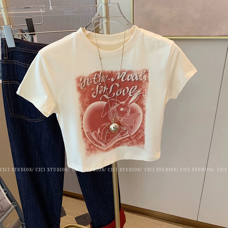 辣妹修身復古印花短袖正肩t恤女2024夏季新款小個子顯瘦短上衣ins