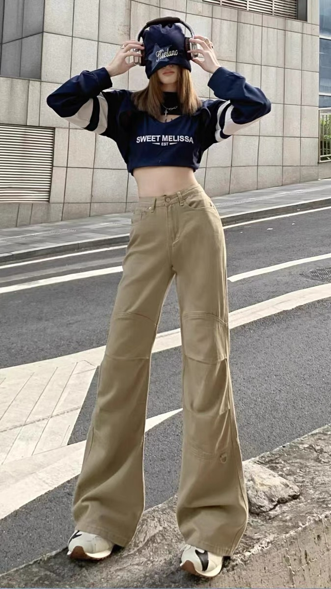 美式復古工裝牛仔褲小眾拼接設計休閒闊腿拖地長褲