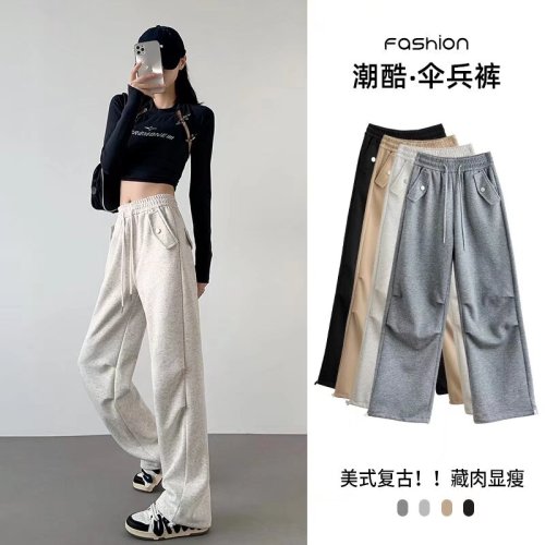 American retro paratrooper overalls women's pants autumn elastic waist drawstring straight casual pants cool trendy high street wide leg pants