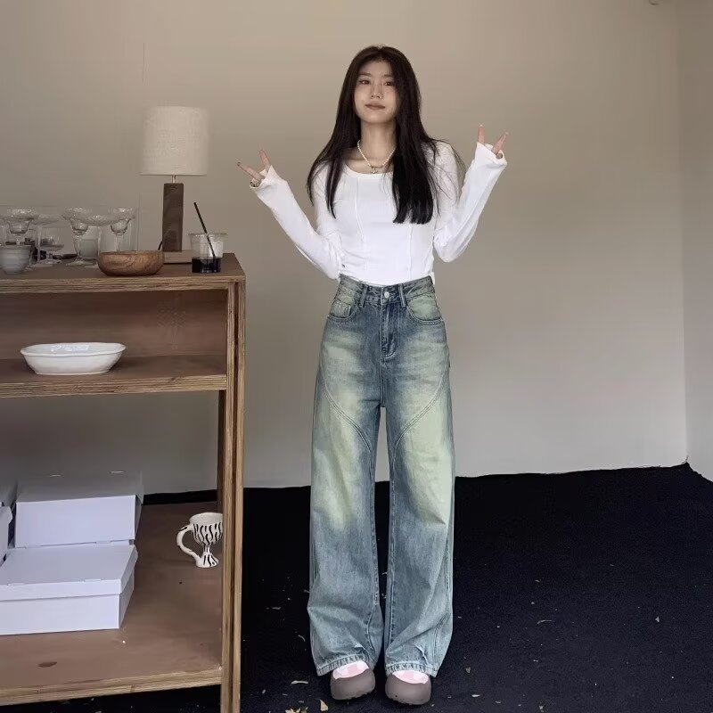 Retro blue distressed loose straight jeans for women in autumn new style washed splicing drape floor-length high-waisted wide-leg pants