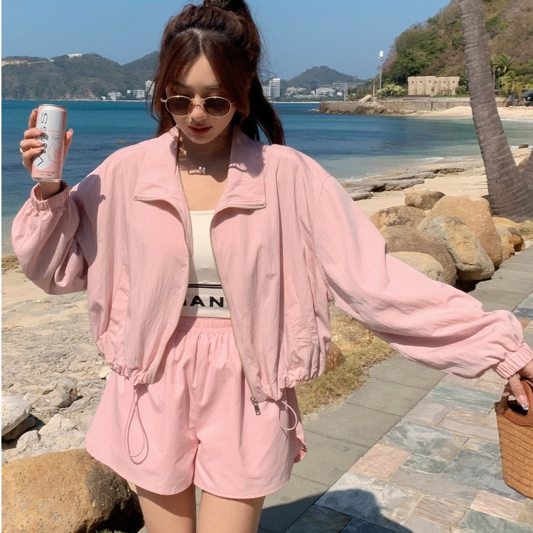 Breast fufu pink sports and leisure suit for women summer new fashion sun protection clothing shorts two-piece set thin section