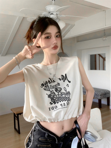 Official picture of pure cotton Korean style letter graffiti printed round neck drawstring short loose slimming sleeveless tank top T-shirt