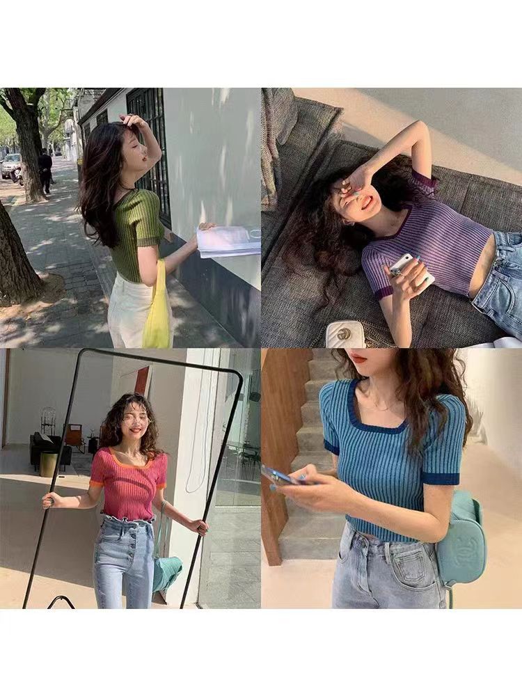 New year's new square neck slim designer shirt t women's navel-baring short-sleeved high-waisted slim top