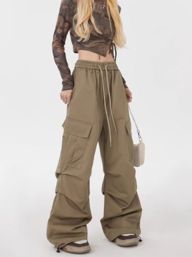 National fashion brand American street overalls for men and women, loose straight drawstring pleated layered trousers