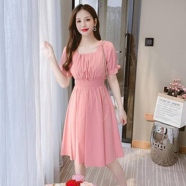 Spring and summer French chiffon dress Korean style square neck puff sleeve solid color waist slimming mid-length skirt for women