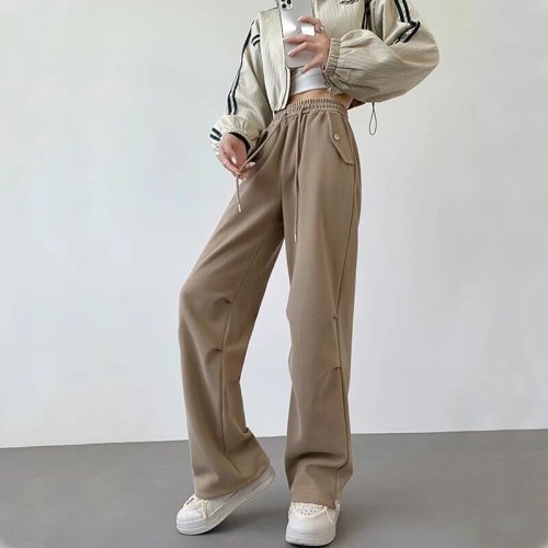 American retro paratrooper overalls women's pants autumn elastic waist drawstring straight casual pants cool trendy high street wide leg pants