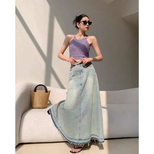 Hong Kong style retro design distressed raw edge denim skirt autumn high waist slim A-line skirt long skirt for women