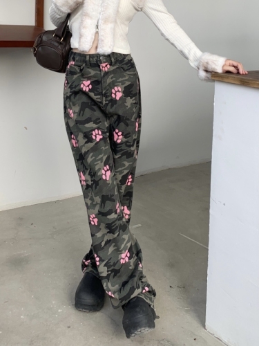 Real shot!  !  !  Camouflage jeans for women, loose straight high waist printed slim wide leg pants to cover the flesh