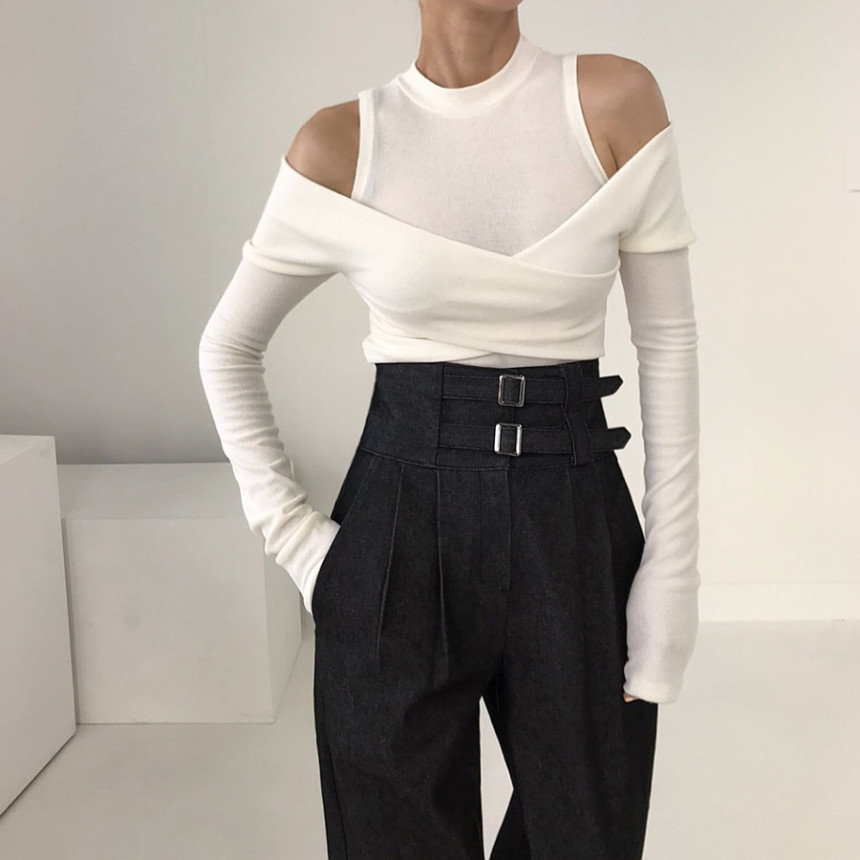 Spring new chic temperament versatile slim slim long-sleeved off-shoulder T-shirt top