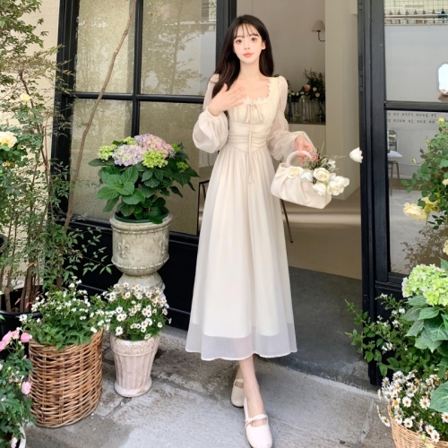 Plus size women's French temperament square neck chiffon long-sleeved fairy dress spring and summer skirt waist A-line long skirt