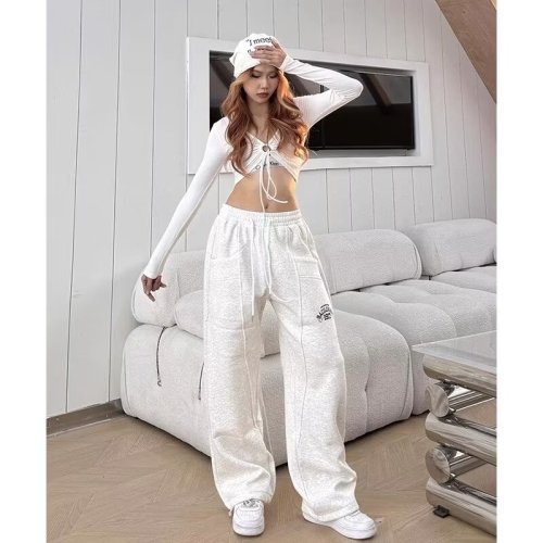 American trendy brand embroidered straight-leg sweatpants for women spring and autumn new loose wide-leg drape casual sports pants