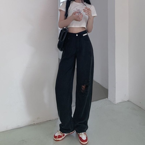 Ripped Tencel wide leg jeans for women summer thin 2024 new high waisted slimming loose straight ice silk pants