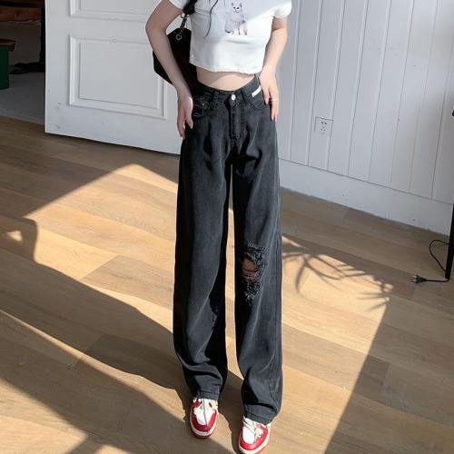 Ripped Tencel wide leg jeans for women summer thin 2024 new high waisted slimming loose straight ice silk pants