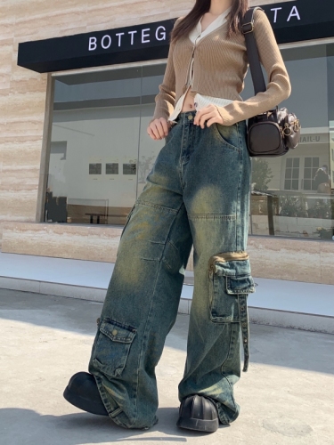 Real shot!  !  !  American style pocket cargo jeans women's high street straight trousers retro trousers floor mopping