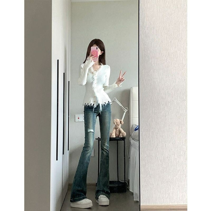 Spring new style retro blue high-waist slim tight ripped bootcut jeans for hot girls with straight flared pants