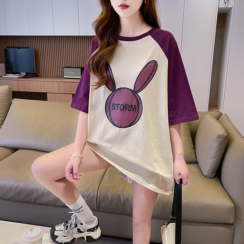 Actual shot of 100% cotton short-sleeved t-shirt for women summer ins trendy Korean style design cartoon contrasting color large size women's clothing