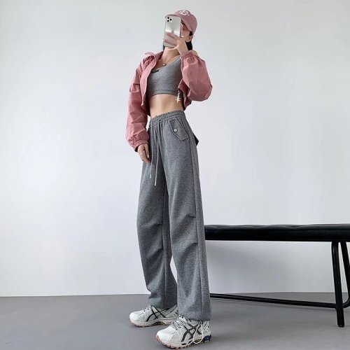 American retro paratrooper overalls women's pants autumn elastic waist drawstring straight casual pants cool trendy high street wide leg pants