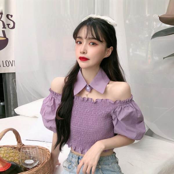 Summer Korean style scheming one-shoulder short purple top design niche puff sleeve shirt for women