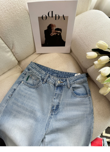 European station high waist denim straight pants for women spring new European narrow version wide leg pants slimming cartoon dragon embroidery