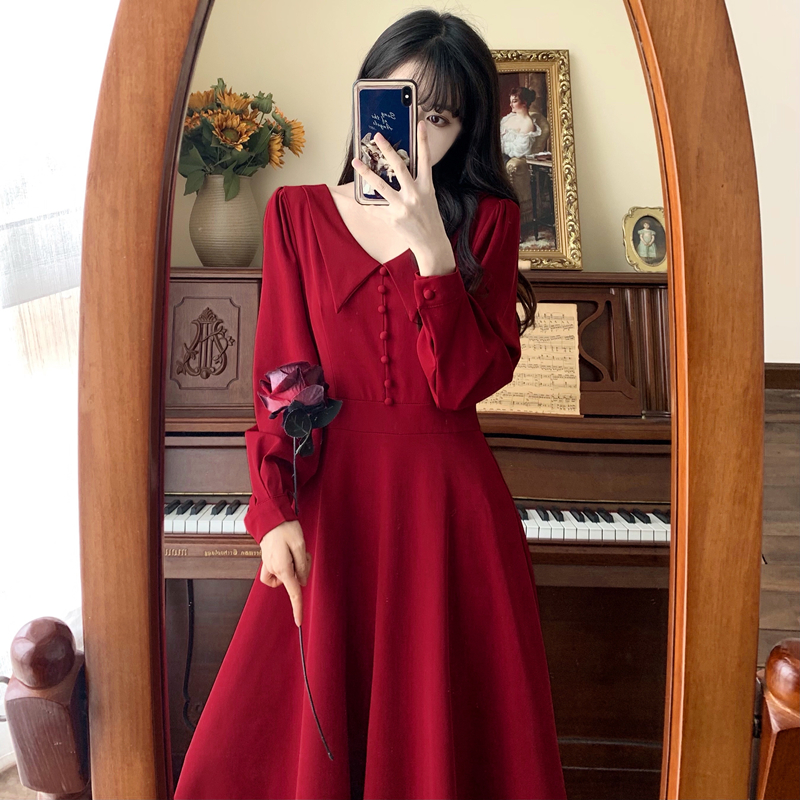 Good quality ~ Spring new style red New Year's dress skirt, you can usually wear fat sister's V-neck temperament mid-length skirt