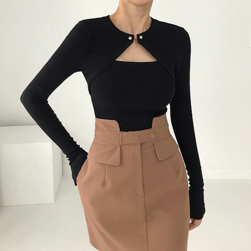 Spring new style chic temperament versatile and careful hollow out slimming long-sleeved bottoming T-shirt
