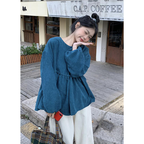 Corduroy shirt women's spring 2024 new French retro puff sleeve design loose long-sleeved babydoll shirt