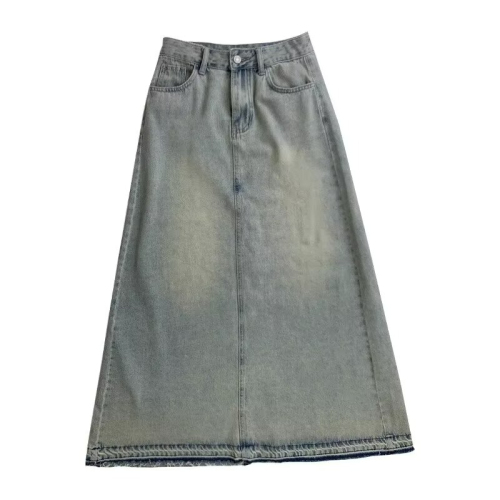 Hong Kong style retro design distressed raw edge denim skirt autumn high waist slim A-line skirt long skirt for women