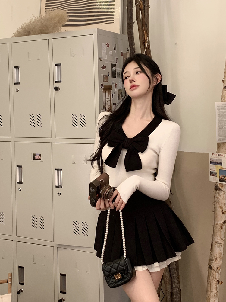 Actual shot of new autumn and winter French style contrasting color three-dimensional bow slim knitted sweater top
