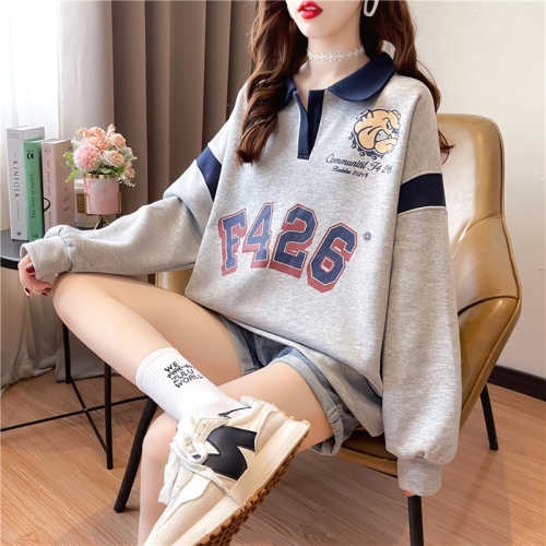 Actual shot of Western-style polo collar sweatshirt for women, spring and autumn thin Korean style loose large size long-sleeved top ins trend