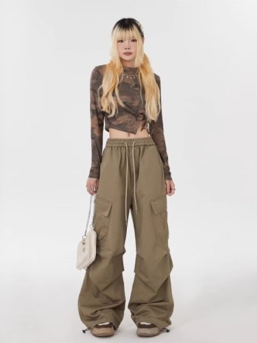 National fashion brand American street overalls for men and women, loose straight drawstring pleated layered trousers