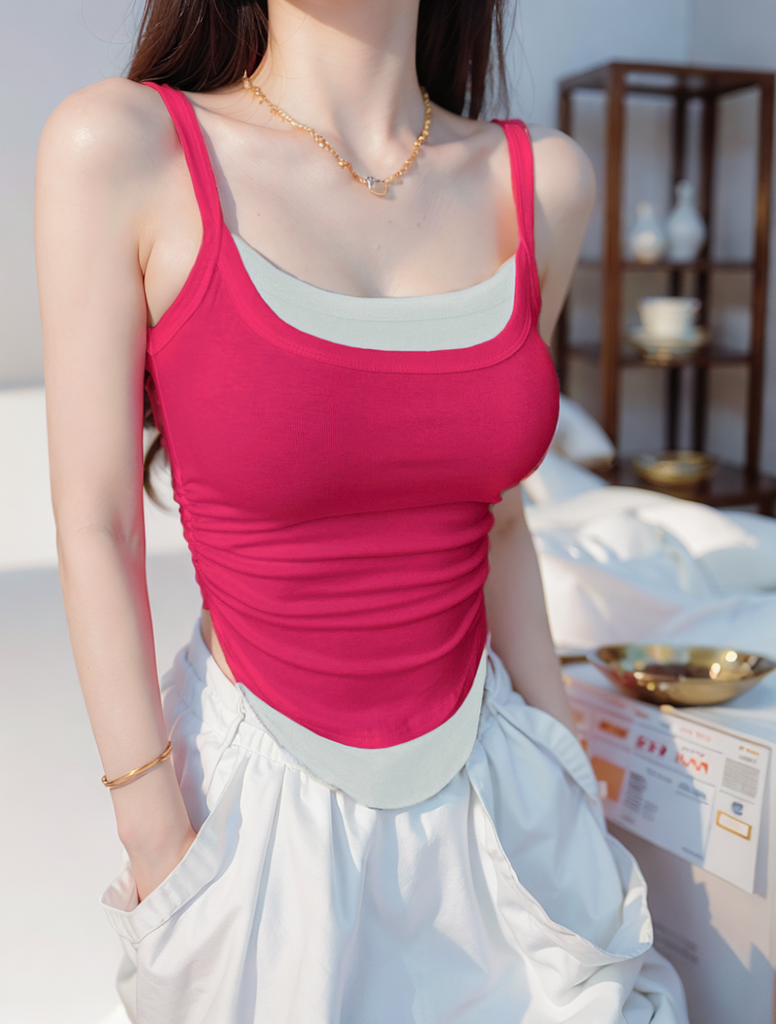 Rayon 2024 American hot girl U-shaped suspenders contrasting color design fake two-piece stacking top