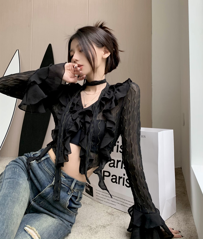 Real shot French retro mesh slightly see-through sexy long-sleeved T-shirt hot girl’s scheming slimming short top