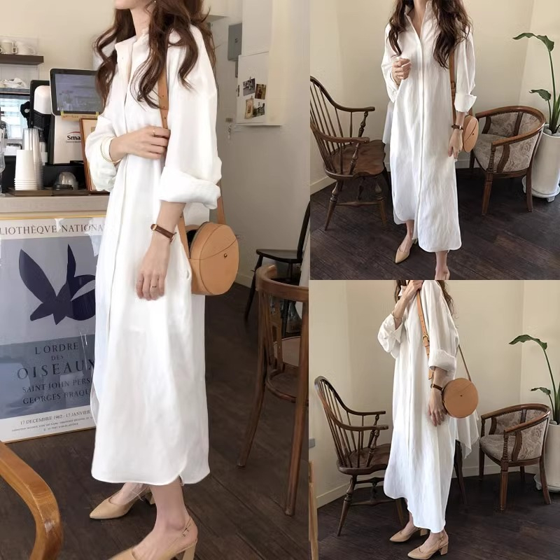 Shirt Jacket Women's 2024 Spring and Autumn Loose Korean Style Extra Long Mid-Length Style External Sunscreen Shirt Skirt