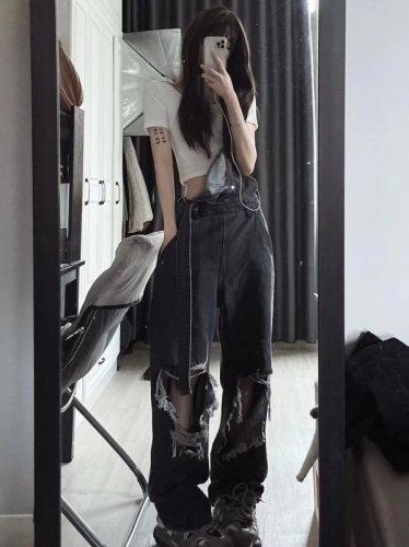 Plus size fat girl ripped suspender jeans women's loose summer thin street style American wide-leg floor-length jumpsuit