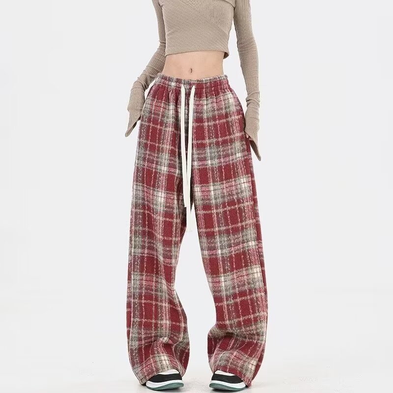 Woolen Plaid Casual Pants Women's Autumn and Winter New Year's Eve Wear Red Straight Leg Wide Leg Pants