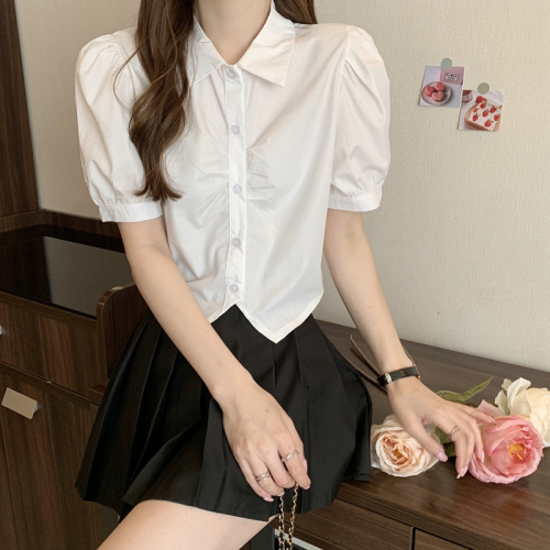 Actual shot of 2024 spring new white shirt for women with niche French style versatile fashionable short top for women