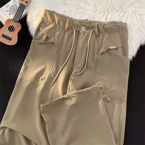 Pleated overalls for women, American fashion brand, niche design, paratrooper wide-leg pants, retro high street drawstring casual trousers