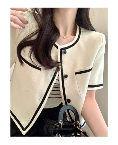 Official Photo 2024 New Xiaoxiangfeng Short Sleeve Tops Small Loose Versatile Fashionable Temperament Short Jackets