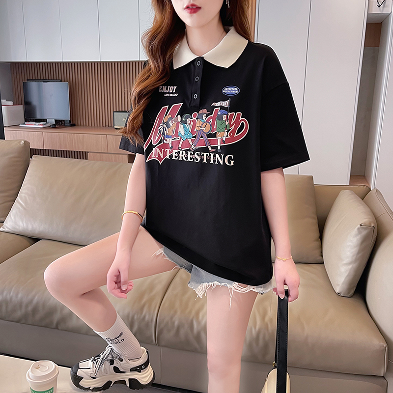 Actual shot of 100% cotton short-sleeved T-shirt for women summer ins trendy Korean style small POLO shirt loose and stylish top for women