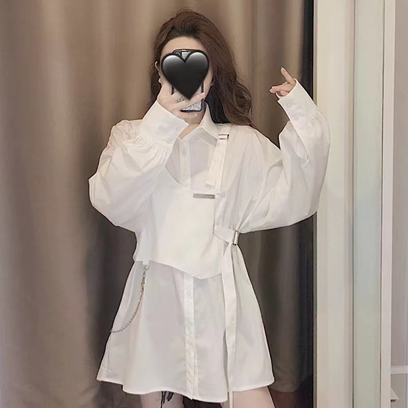 Design niche irregular shirt tops for women 2024 spring new slim temperament fake two-piece long-sleeved shirt